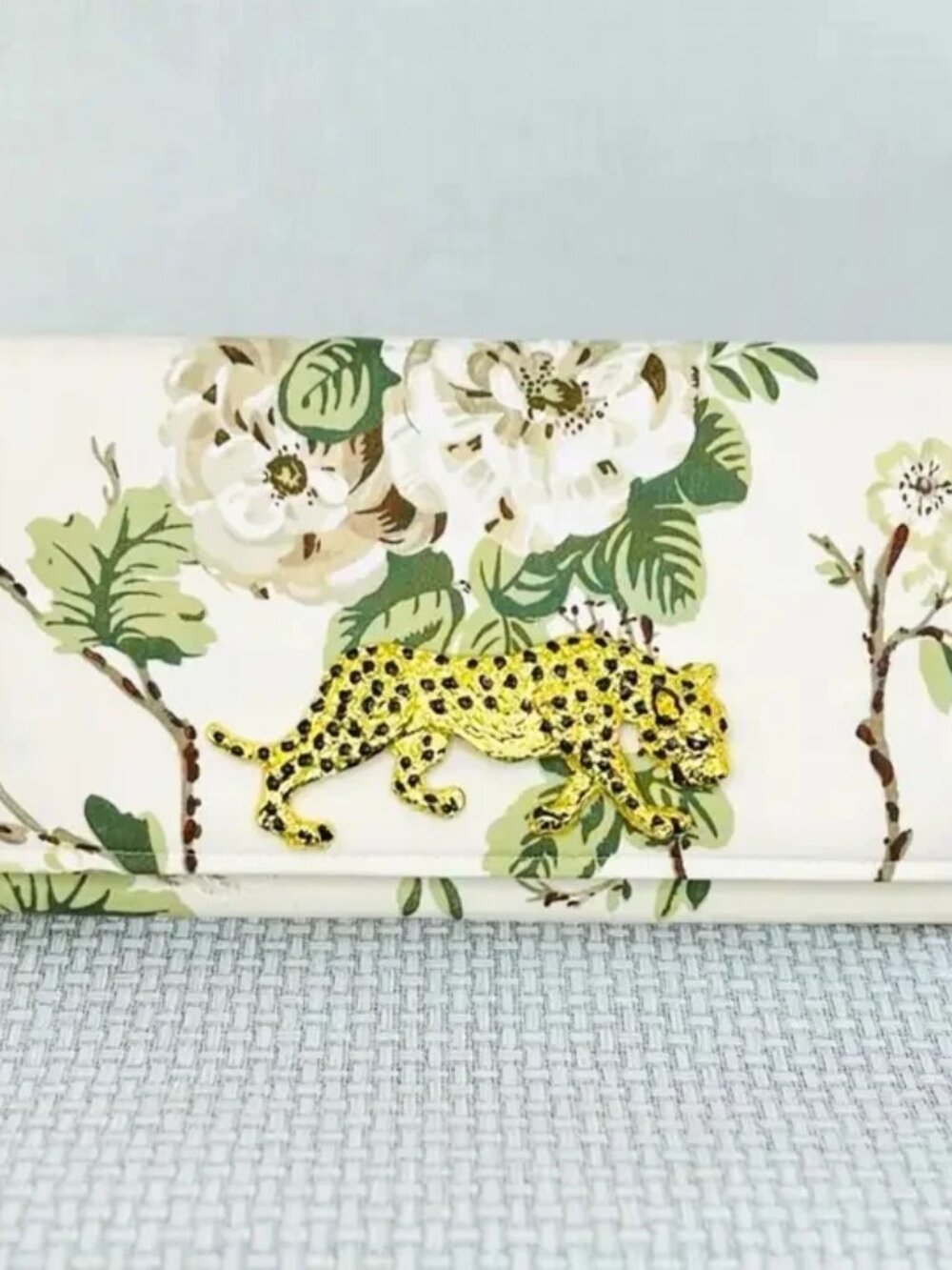 Garland Bags Floral Cluster Schumacher Clutch with Gold Leopard V.